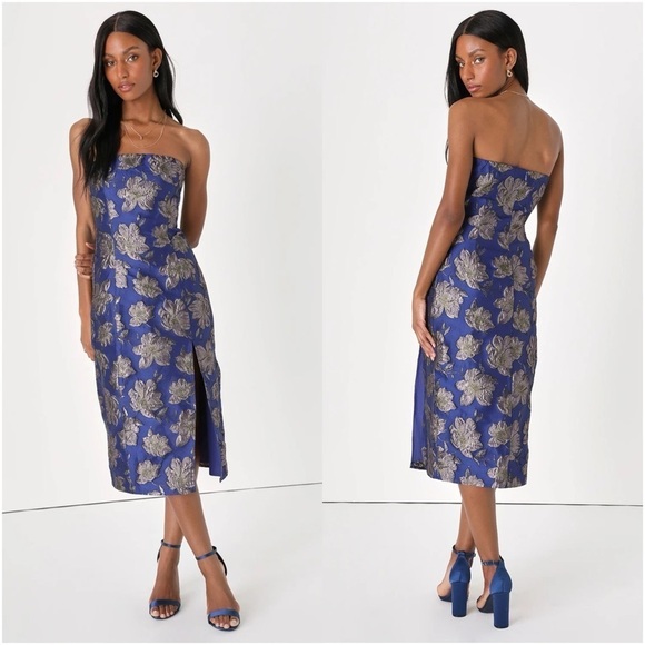 LULU’S Extravagant Charm Navy Blue Floral Jacquard Strapless Midi Dress - Picture 1 of 4